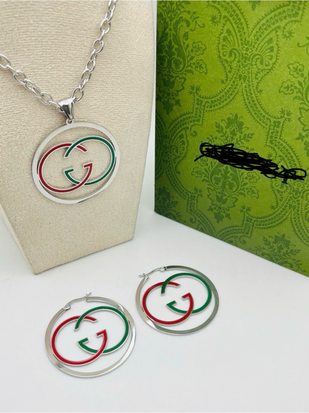 Silver Hoop Necklace & Earrings Set with Red & Green Accents Necklace 16” New
